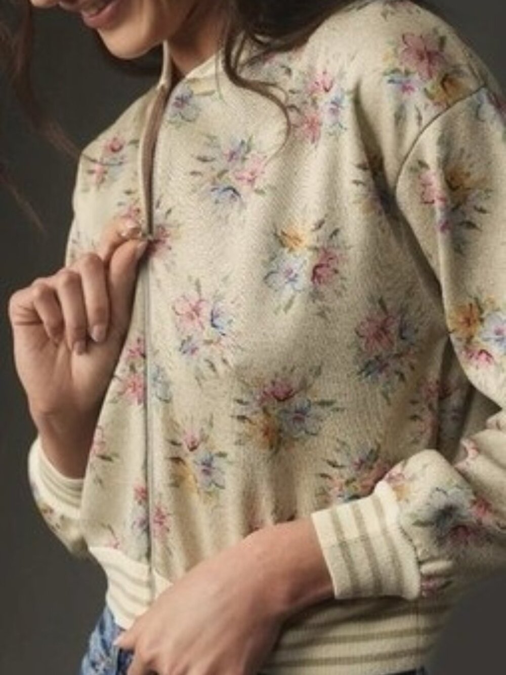Maeve Anthropologie Lurex Floral Print Metallic Knit Bomber Jacket Size Medium